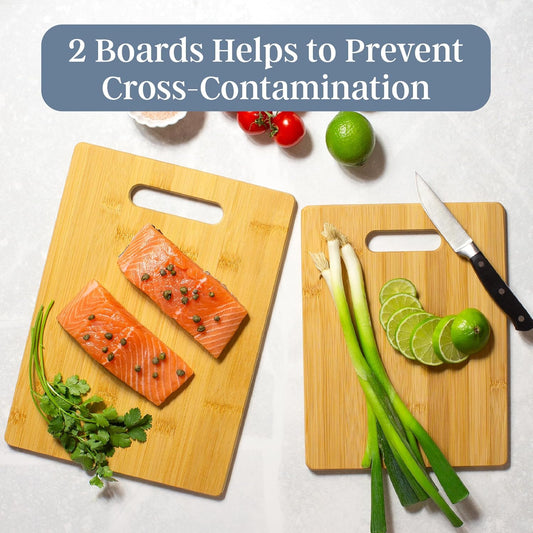 2-Piece Cutting Board Set; 2 Assorted Sizes of Bamboo Wood Cutting Boards for Kitchen