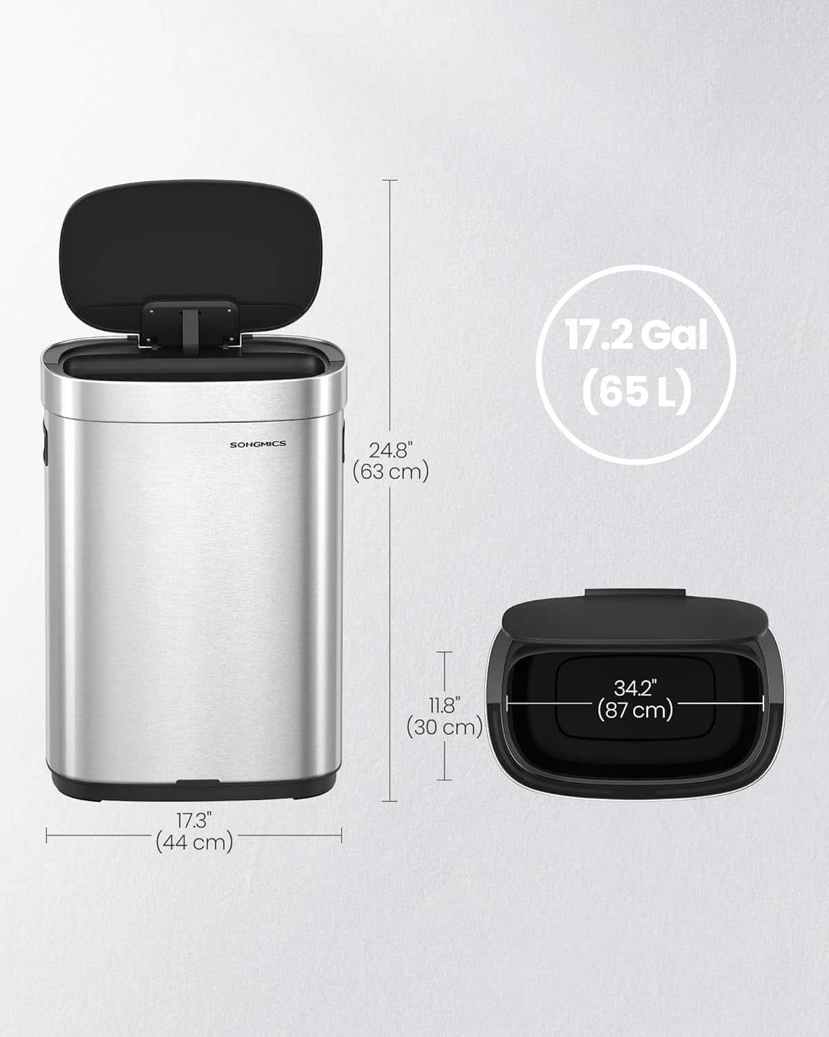 Kitchen Trash Can, 17.2-Gallon (65 L) Motion Sensor Garbage Can, Stainless Steel Trash Bin, Ozone Odor Control, Stay-Open, Metallic Silver ULTB660E01