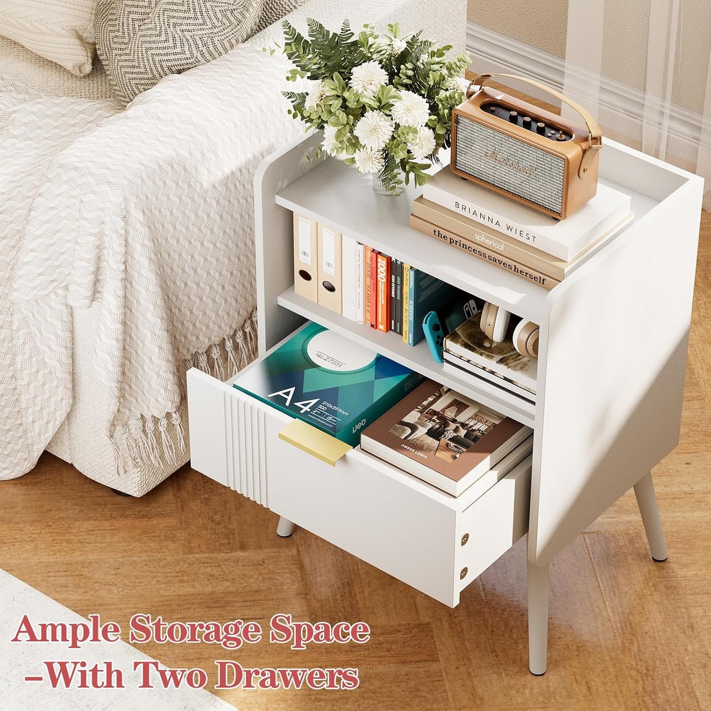 Night Stand Modern End Table with Storage Drawer and Open Shelf, Small Bedside Table, Wooden Sofa Side Stand for Bedroom,Study Room and Small Spaces (White)