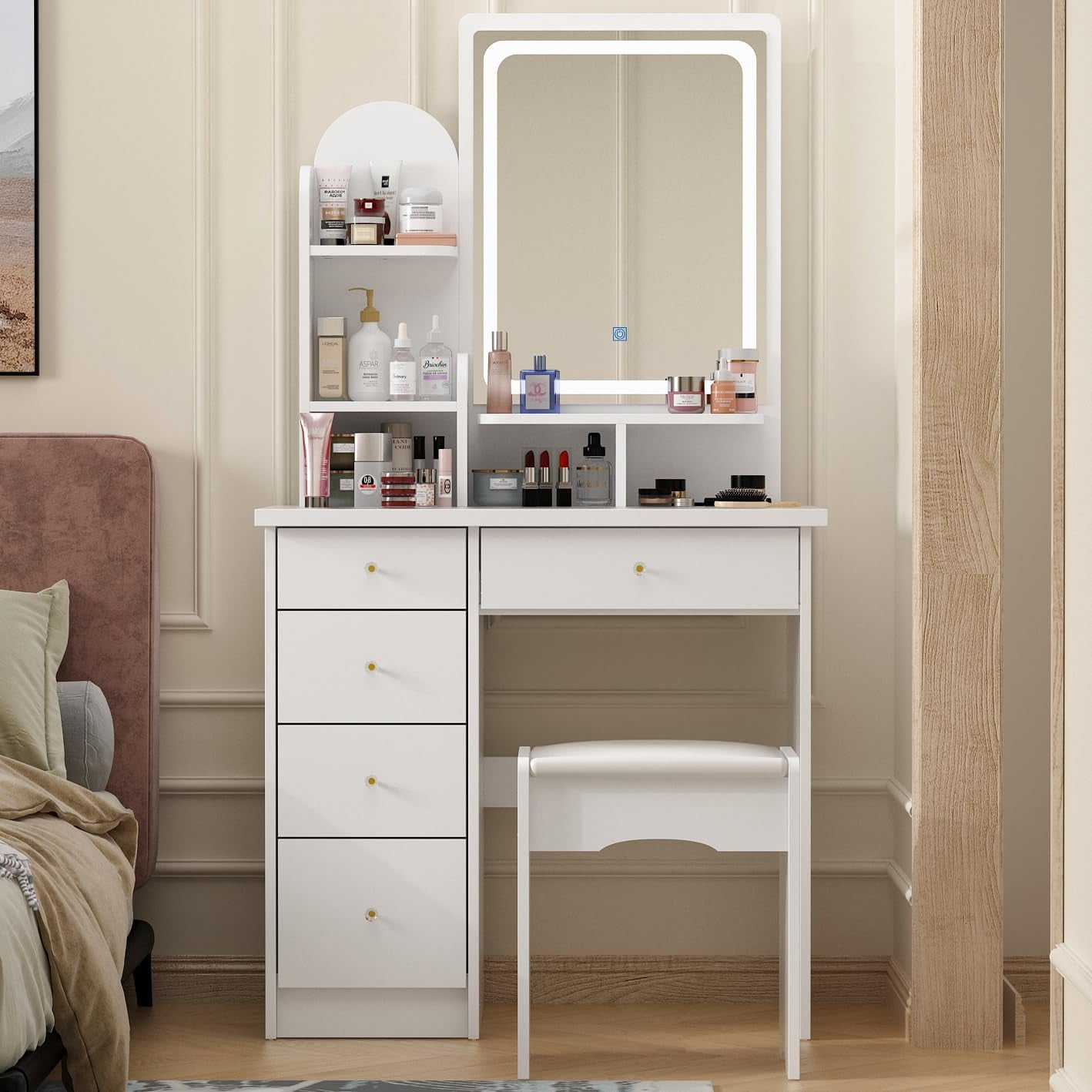 Vanity Set with Rectangular Mirror, Makeup Vanity Dressing Table with 5 Drawers, Shelves, Dresser Desk and Cushioned Stool Set (B White/Lighted Mirror)