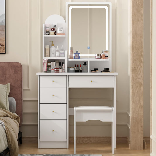 Vanity Set with Rectangular Mirror, Makeup Vanity Dressing Table with 5 Drawers, Shelves, Dresser Desk and Cushioned Stool Set (B White/Lighted Mirror)