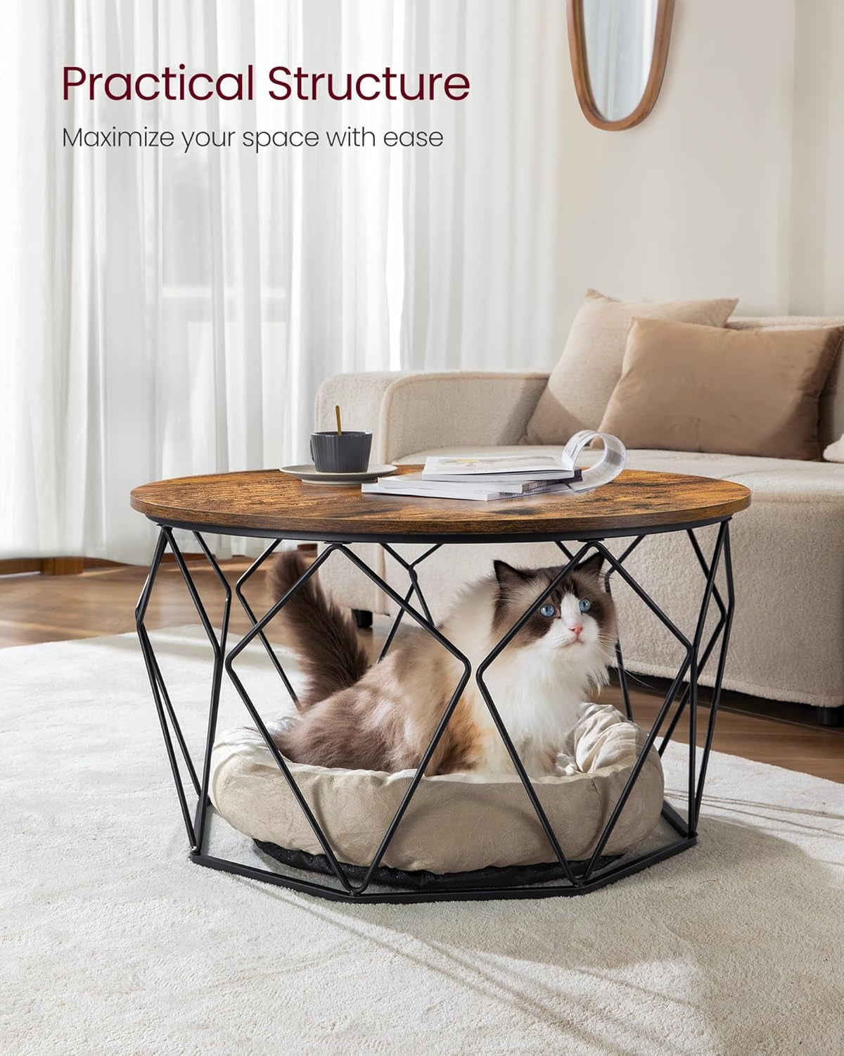round Coffee Table for Living Room, Cage Cocktail Table with Steel Frame, 31.5 Inches Dia., Industrial Style, Rustic Brown and Black ULCT040B01