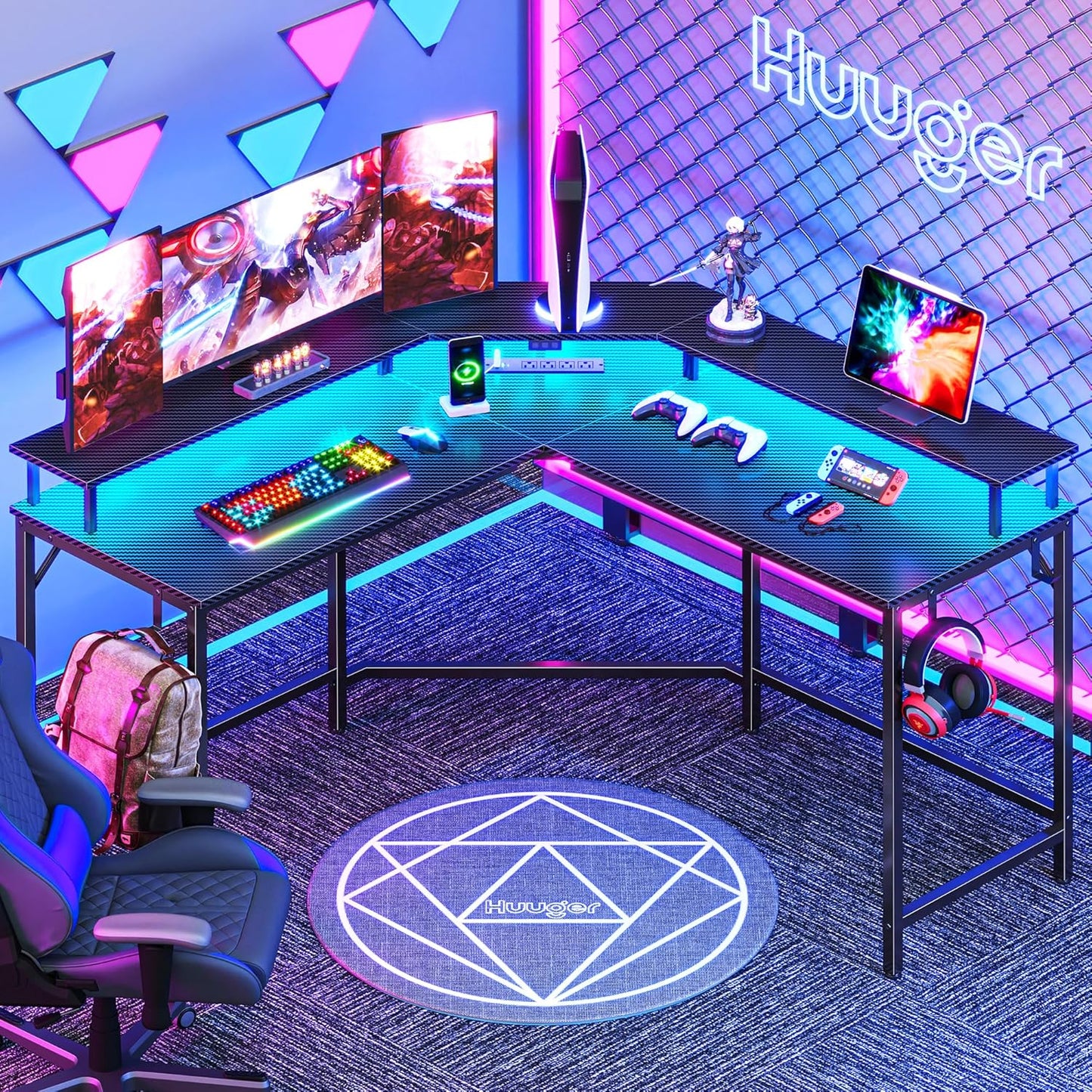 L Shaped Gaming Desk with Power Outlets & LED Lights, Computer Desk with Monitor Shelves, Carbon Fiber Surface, Home Office Desk, Corner Gaming Desk with Hooks, Carbon Fiber Black