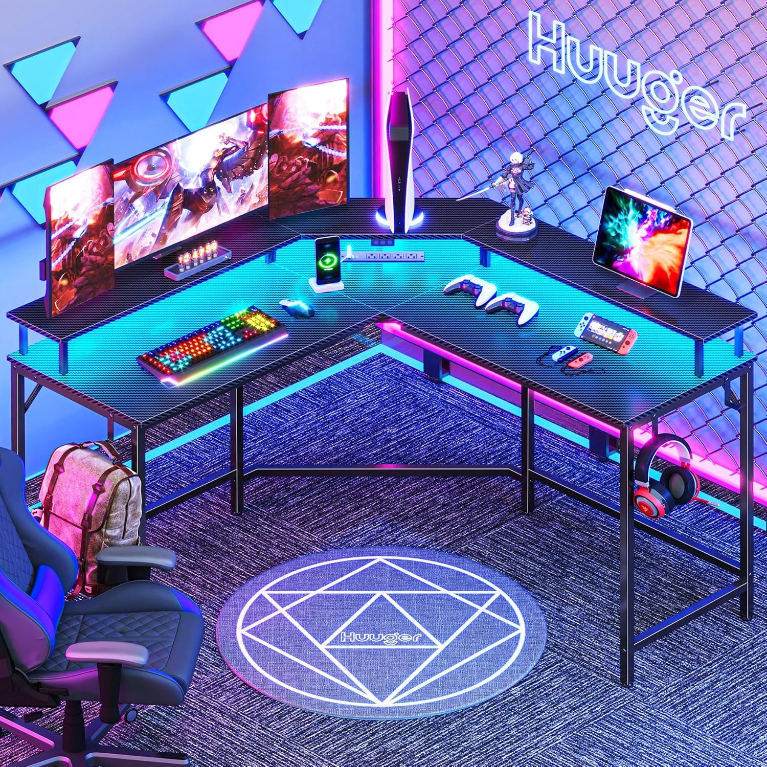 L Shaped Gaming Desk with Power Outlets & LED Lights, Computer Desk with Monitor Shelves, Carbon Fiber Surface, Home Office Desk, Corner Gaming Desk with Hooks, Carbon Fiber Black