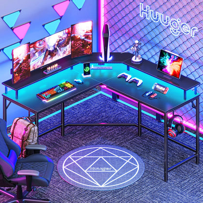L Shaped Gaming Desk with Power Outlets & LED Lights, Computer Desk with Monitor Shelves, Carbon Fiber Surface, Home Office Desk, Corner Gaming Desk with Hooks, Carbon Fiber Black