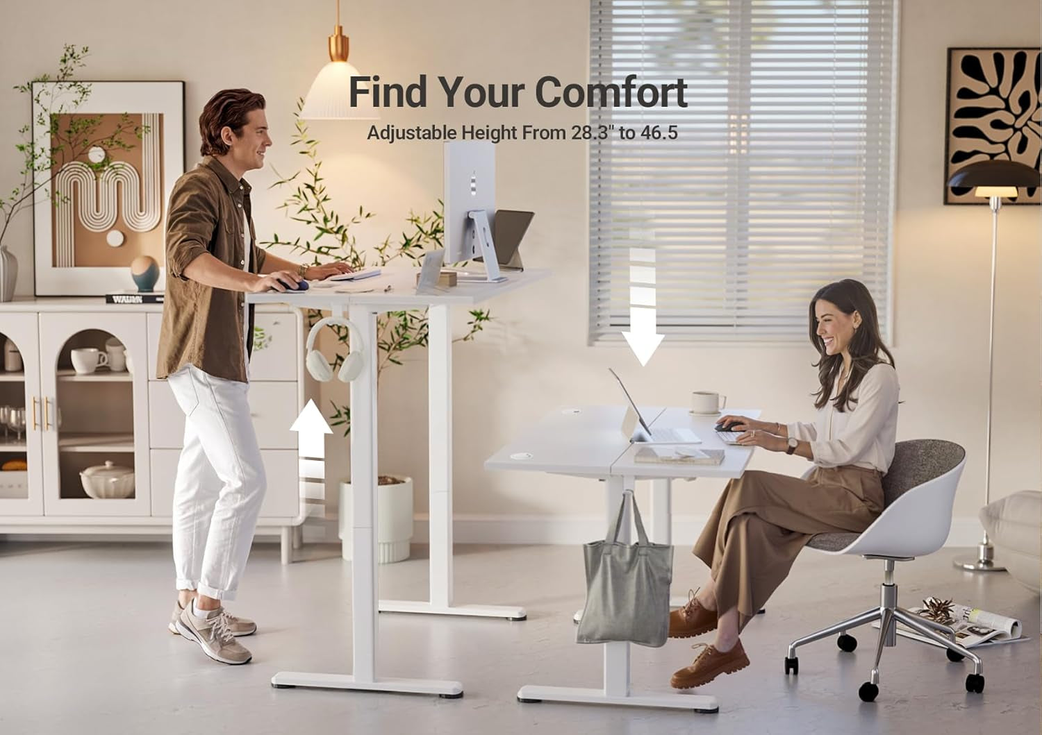 Electric Standing Desk Adjustable Height, 40 X 24 Inches Stand up Desk with Cable Management, Home Office Desks with Splice Board & White Frame, White Top