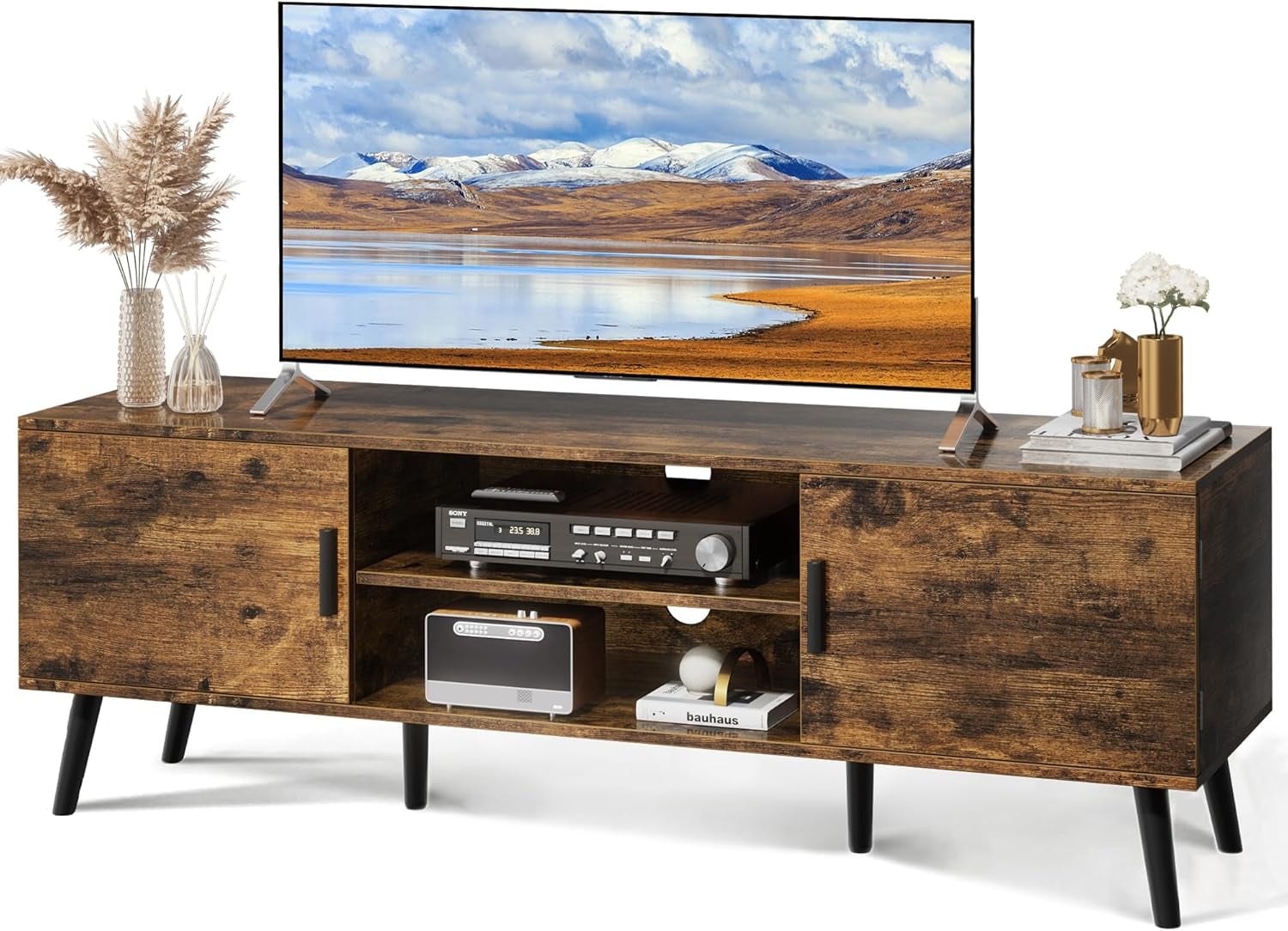 TV Stand for 55 Inch TV, Entertainment Center with Adjustable Shelf, 2 Cabinets, TV Console Table, Media Console, Solid Wood Feet, Cord Holes, for Living Room, Bedroom, Rustic Brown