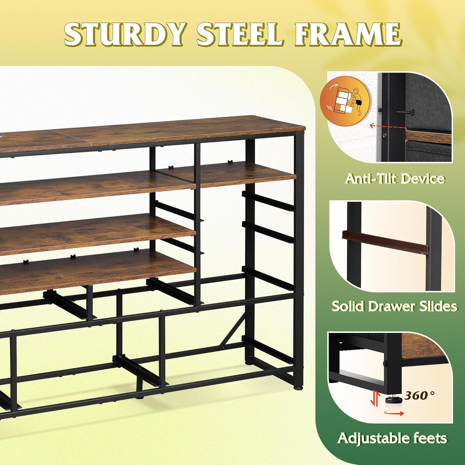 TV Stand for 55, 60, 65 Inch TV, Entertainment Center with LED Lights & Charging Station, TV Media Console Table with 15 Fabric Drawers and Open Shelves for Living Room, Hallway, Rustic Brown