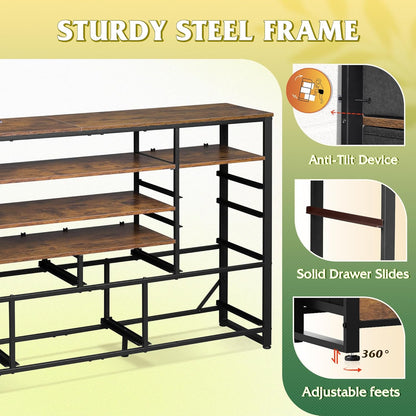 TV Stand for 55, 60, 65 Inch TV, Entertainment Center with LED Lights & Charging Station, TV Media Console Table with 15 Fabric Drawers and Open Shelves for Living Room, Hallway, Rustic Brown