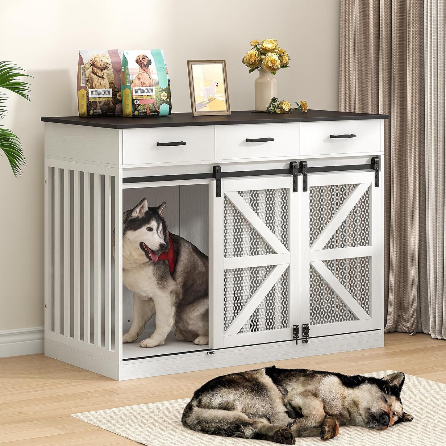 Large Furniture Dog Crate, Dog Kennel Indoor, Wood Dog Cage Table with Drawers Storage, Heavy Duty Dog Crate, Jaula Para Perros, Sturdy Metal, 40.5" L×23.6" W×35.4" H, Rustic Grey