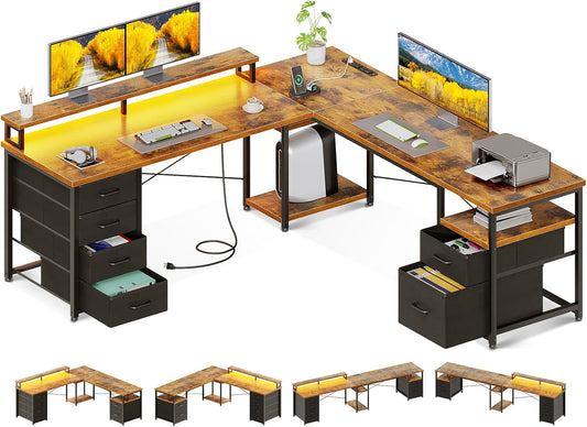 66" L Shaped Computer Desk, 113“ Reversible Home Office Desk with File Cabinet & 4 Fabric Drawers, Two Person Desk with LED Lights & Power Outlet, Corner Gaming Desk with Monitor Shelf, Vintage