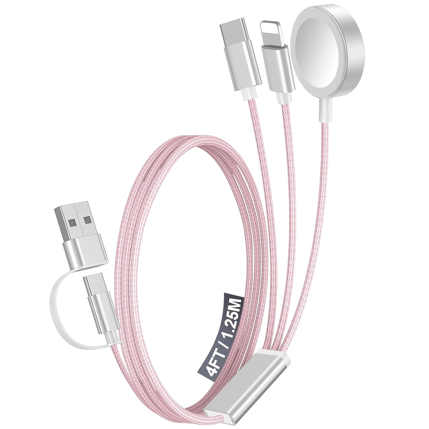 1Pack Multi Fast Charging Cable for Travel Vacation Essentials,Apple Watch Charger,Iphone Charger[3-In-2] USB A/Type C/Lightning Cable for Iwatch,Iphone 16-11,Nintendo Switch,Airpods,Car,Camping-Pink