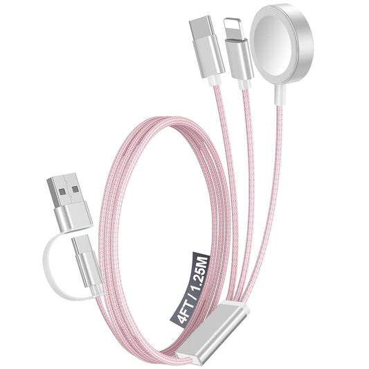 1Pack Multi Fast Charging Cable for Travel Vacation Essentials,Apple Watch Charger,Iphone Charger[3-In-2] USB A/Type C/Lightning Cable for Iwatch,Iphone 16-11,Nintendo Switch,Airpods,Car,Camping-Pink