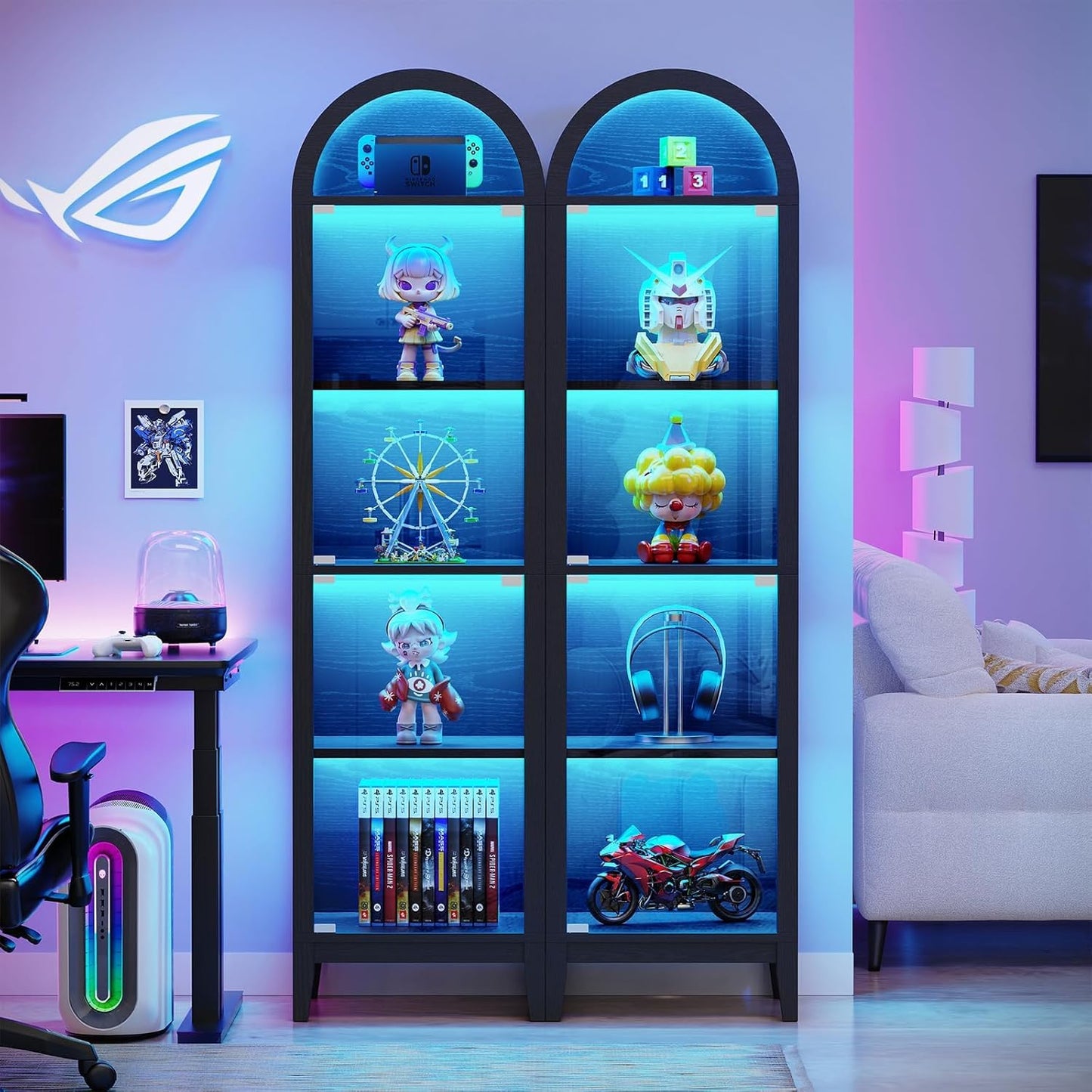 71" Tall Arched Display Cabinet with Glass Doors, Curio Cabinet with LED Lights for Collectibles, Books, 5-Tier Showcase Glass Display Case with Human Body Sensor for Living Room, Black