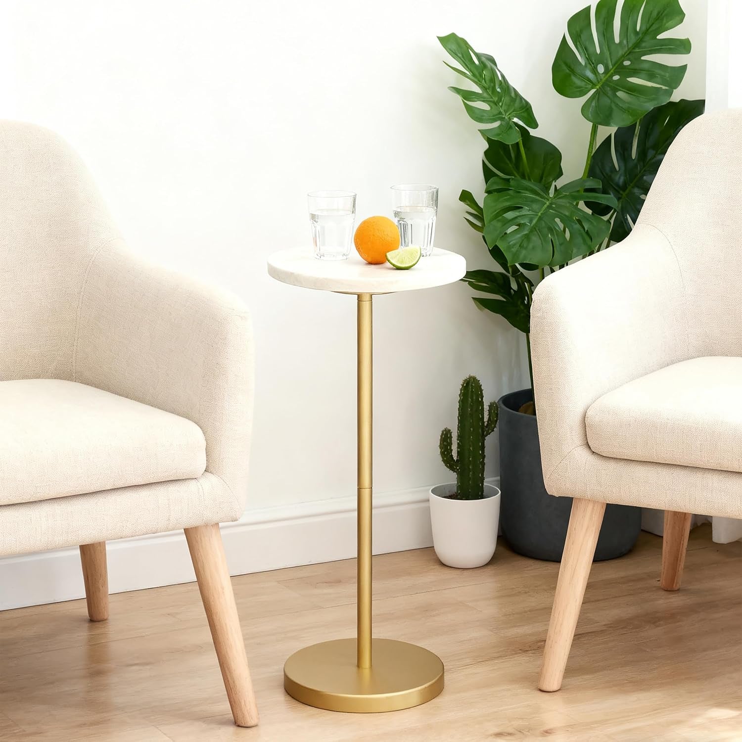Nature Marble Drink Table, Pedestal Table, Small round Side Table, Martini Table for Living Room, Bathroom, Small Space, White
