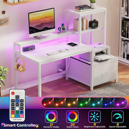 Office Desk with Power Outlets and Printer Shelf, 68.8 Inch Computer Desk with LED and Drawer, Reversible Gaming Desk with Storage for Home Study Working,Walnut