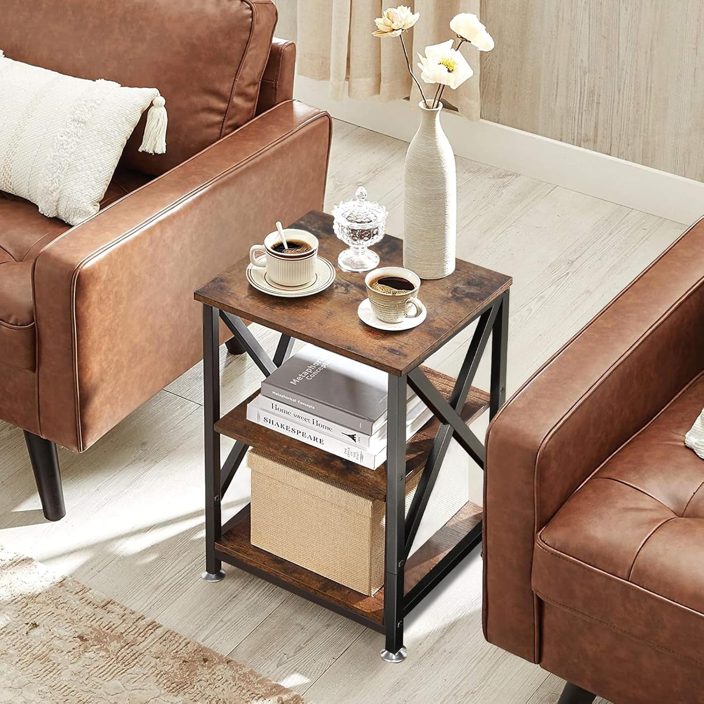 End Tables with Storage Shelf, 12" Deep X 16" Wide X 24" High, Small Side Table 3-Tier, End Tables Living Room Farmhouse, X-Shaped Night Stands for Bedrooms Bedside Tables, End Table Wood and Metal