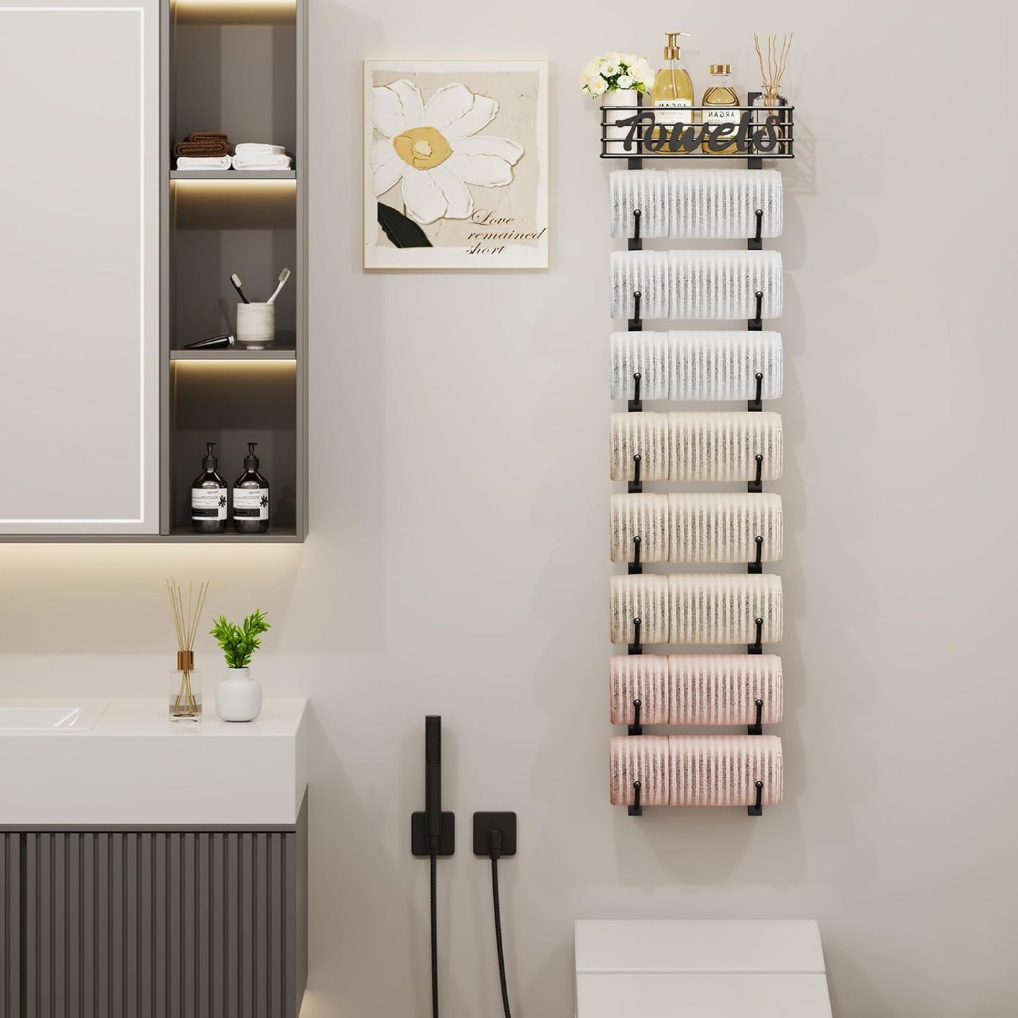 Hanging Towel Racks for Bathroom - 9 Tier over the Door & Wall Mounted Bath Rolled Towel Storage Organizer Holder for Small Bathroom, RV, Camper, Black (Patented)