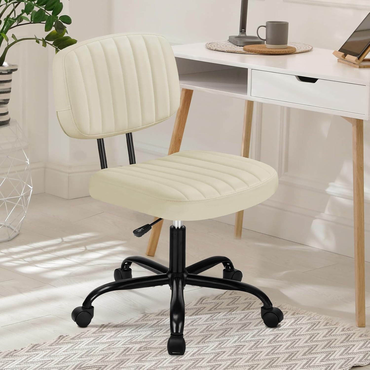 Armless Home Office Desk Chair -Small Ergonomic with Low Back Lumbar Support, Height Adjustable PU Leather Computer Task with 360° Swivel Rolling Wheels, for Small Space, Beige White