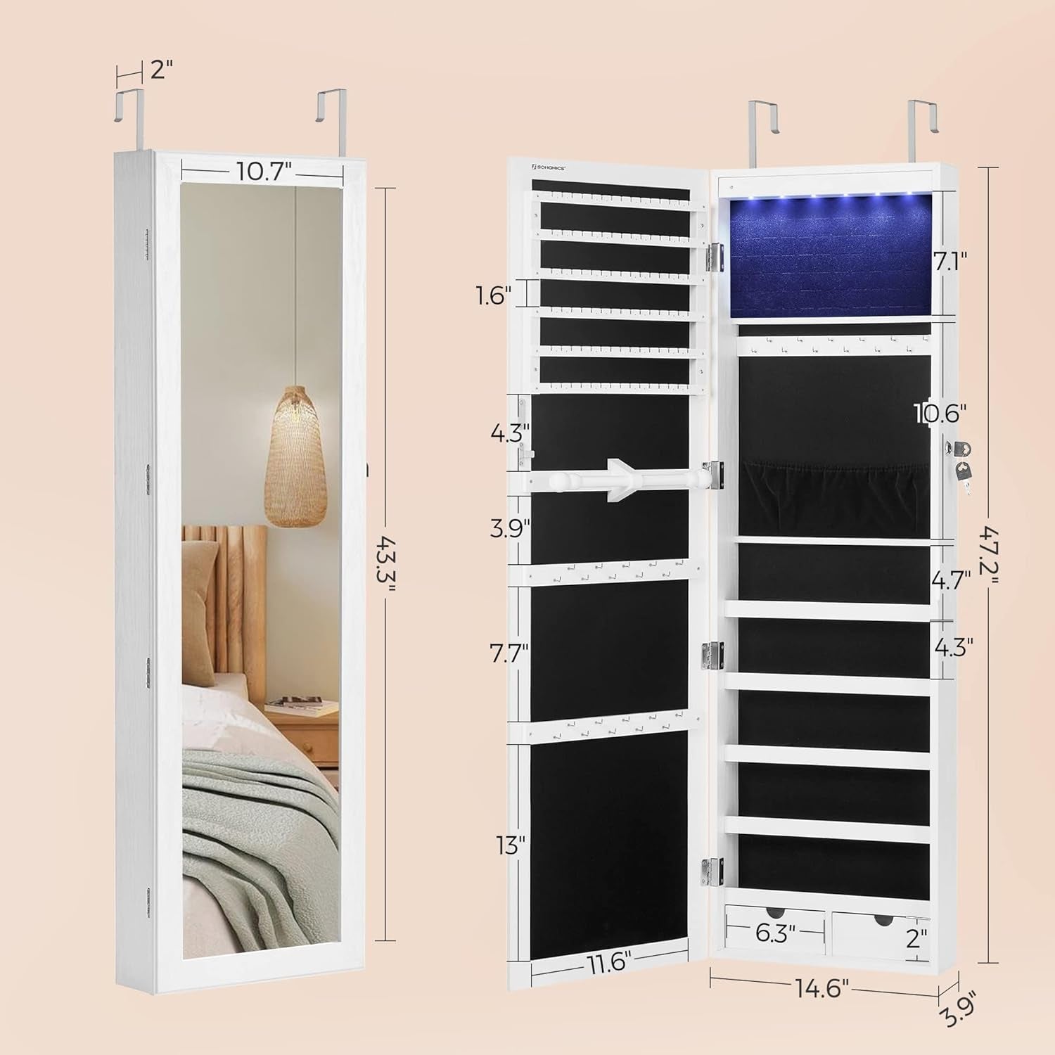 6 Leds Mirror Jewelry Cabinet, 47.2-Inch Tall Lockable Wall or Door Mounted Jewelry Armoire Organizer with Mirror, 2 Drawers, 3.9 X 14.6 X 47.2 Inches, White UJJC93W