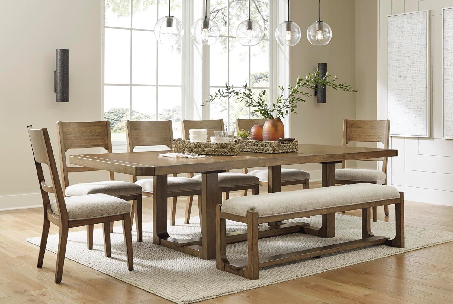 Cabalynn Farmhouse Upholstered 63" Dining Bench, Beige & Light Brown