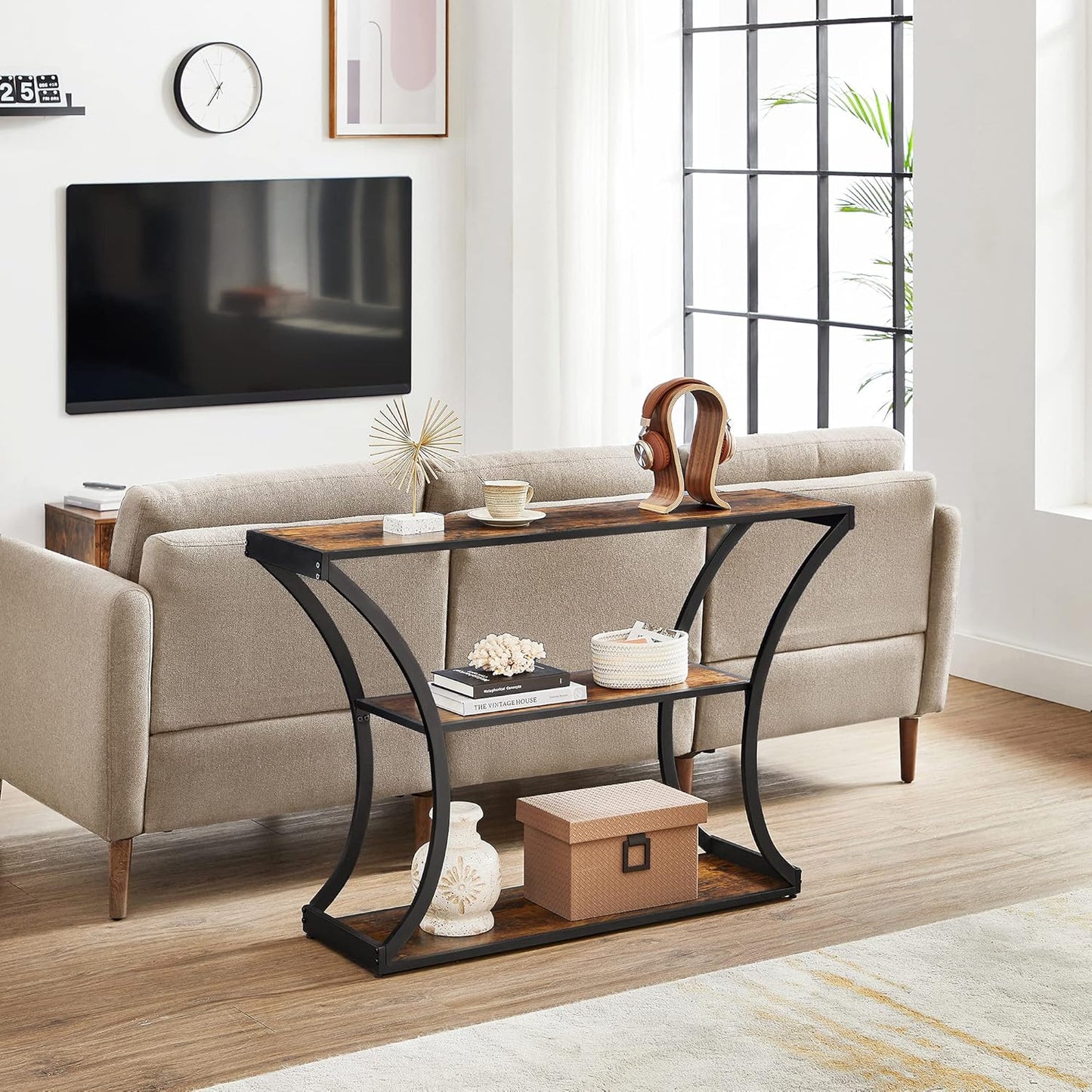 Console Table with Curved Frames and 2 Open Shelves, for Hallway Entryway Living Room, Rustic Brown + Black, 11.8 X 47.2 X 31.5 Inches