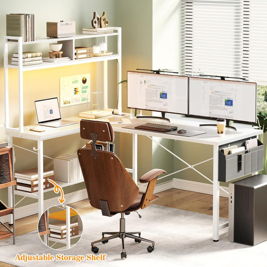 L Shaped Desk Gaming Desk, 59" L Shaped Computer Desk with LED Light & Power Outlet, Reversible Home Office Desk Gamer Desks with Shelves & Storage Bag & Hooks, Corner PC Desk, White