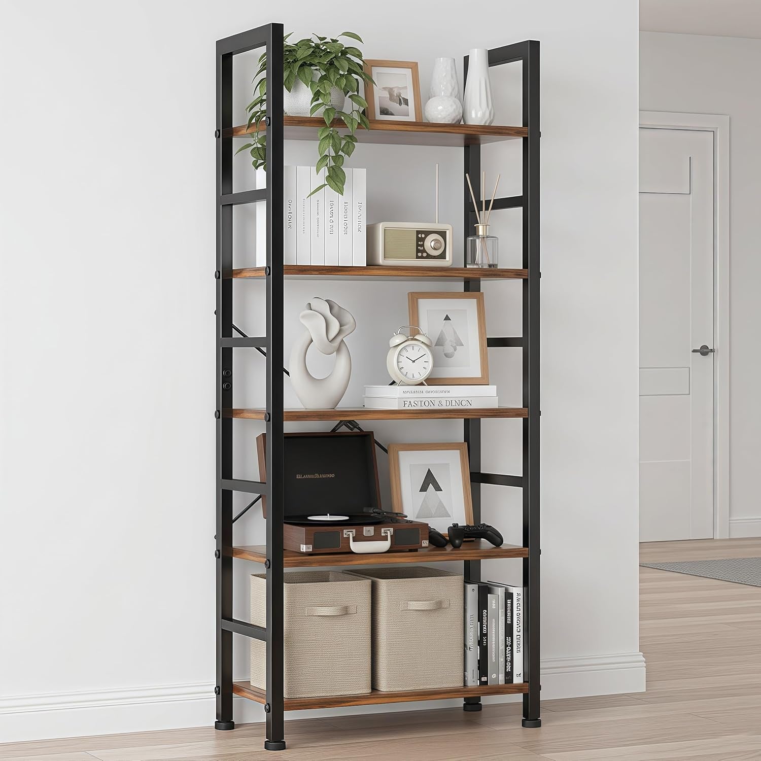 5 Tier Bookshelf, Modern Brown Book Shelves, Tall Bookcase Organizer, Wooden Shelf with Metal Frame Display Shelves, Free Standing Storage Shelving Unit for Living Room, Bedroom, Home Office