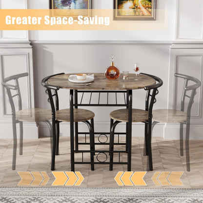 3-Piece Wooden round Table & Chair Set, Space Saving Kitchen Breakfast Nook Wood Grain Tabletop with Metal Frame and Built-In Wine Rack for Kitchen, Dining Room (Walnut/Black)