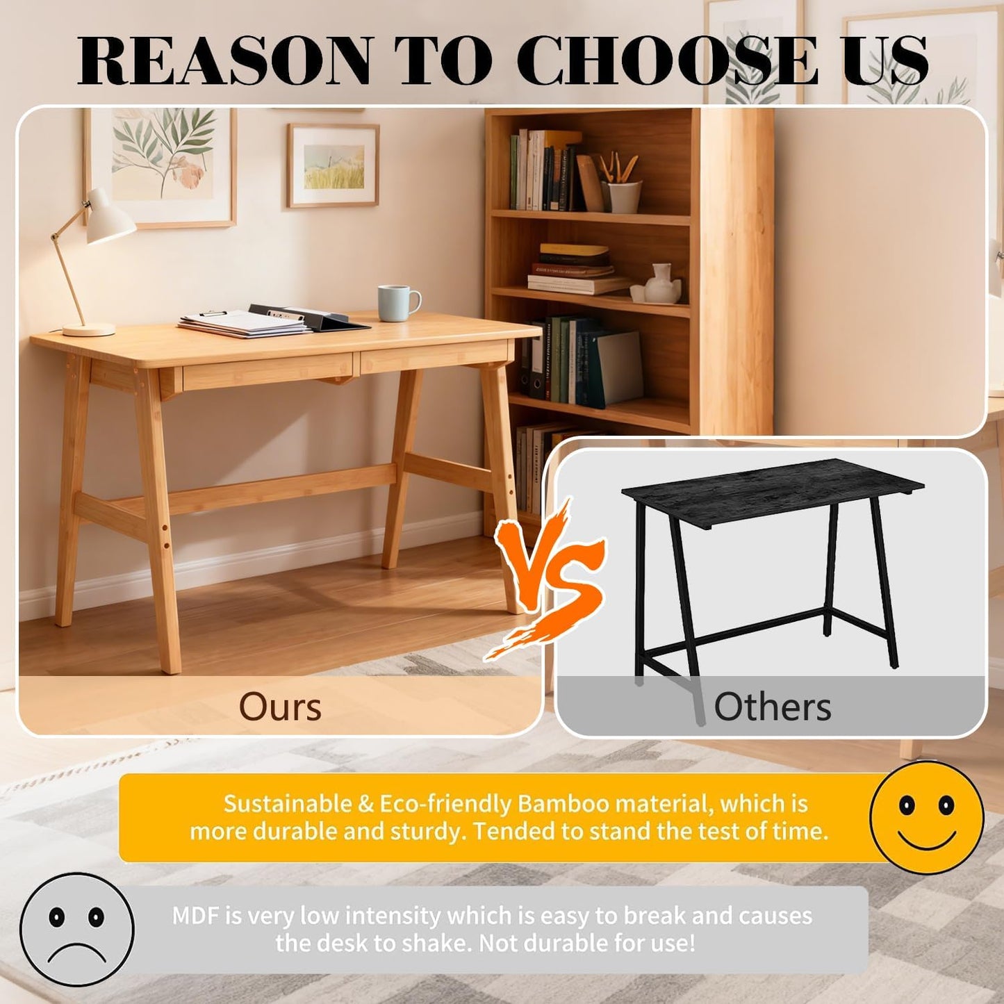 Writing Computer Desk 46" Bamboo Home Office Table with 2 Drawers, Modern Furniture Simple Study Makeup Workstation