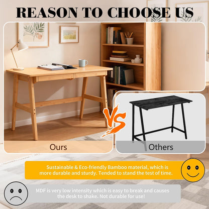 Writing Computer Desk 46" Bamboo Home Office Table with 2 Drawers, Modern Furniture Simple Study Makeup Workstation