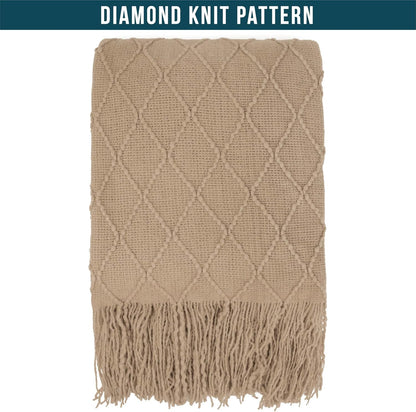 Tan Taupe Knit Throw Blanket for Couch Bed, Soft Knitted Farmhouse Sofa Throw for Living Room, Lightweight Decorative Fall Throw Blanket for Chair, Outdoor Textured Boho Blanket, 50X60