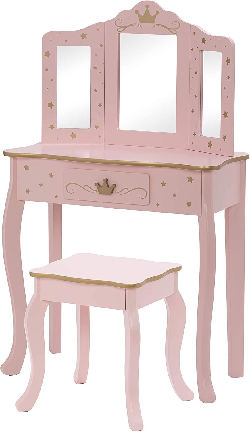 Pretend Play Kids Vanity Set with Mirror and Stool, Kids Make up Vanity Desk with Mirrror for Little Girls, Children Makeup Dressing Table with Drawer, Pink