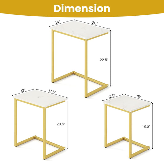 Nesting Coffee Tables Set of 3, Rectangular Nesting Center Table with Faux Marble Top & Metal Frame, Modern C-Shaped Nested Side Table Set for Living Room, Bedroom, Gold & White