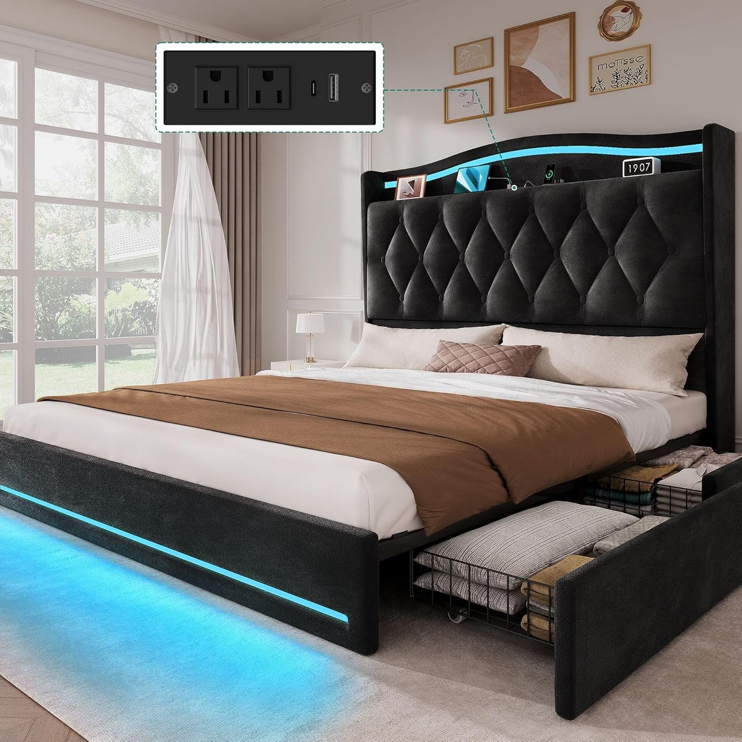 Queen Size Bed Frame with 4 Storage Drawers and RGB LED Lights, 57'' Tall Headboard Velvet Upholstered Bed with Charging Station, No Box Spring Needed, Easy Assembly, Noise-Free, Black