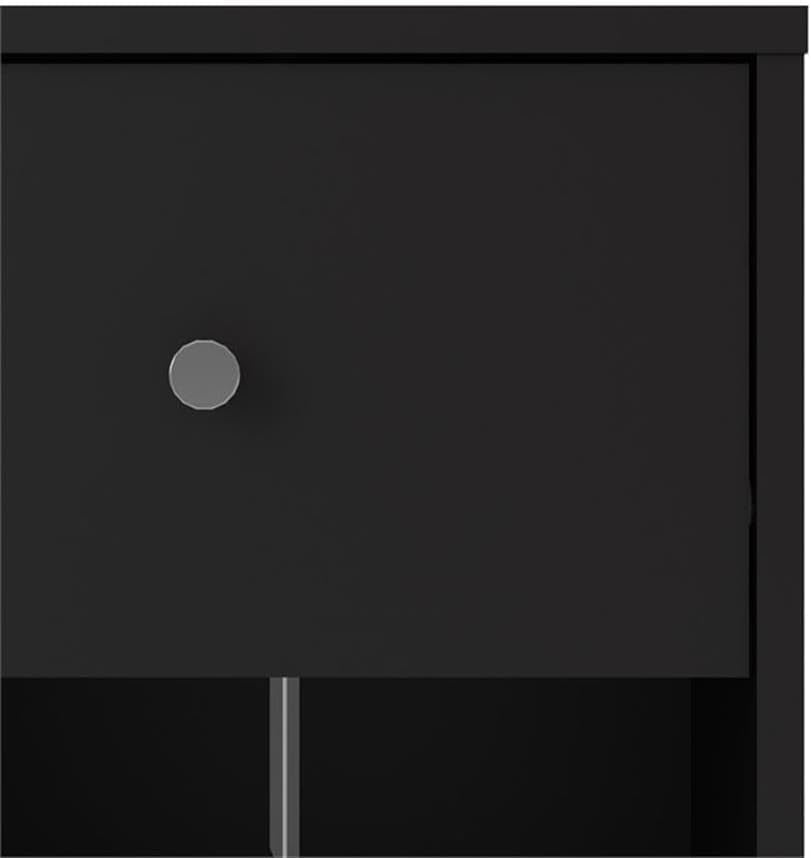 4-Pc Scandinavian Design Bedroom Furniture Set with 3-Drawer Chest, 6-Drawer Double Dresser & Two 1-Drawer Nightstands, Plastic Pewter Handles and Smooth Glides, in Black