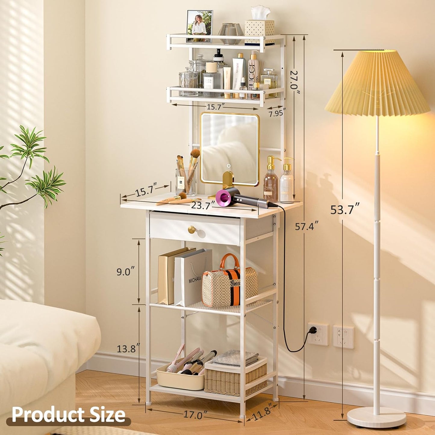 Small Vanity Desk without Mirror, Makeup Vanity Table for Small Space, Compact White Dressing Table with Fabric Drawers, Makeup Vanity with Storage for Bedroom, White, 23.6In（W）