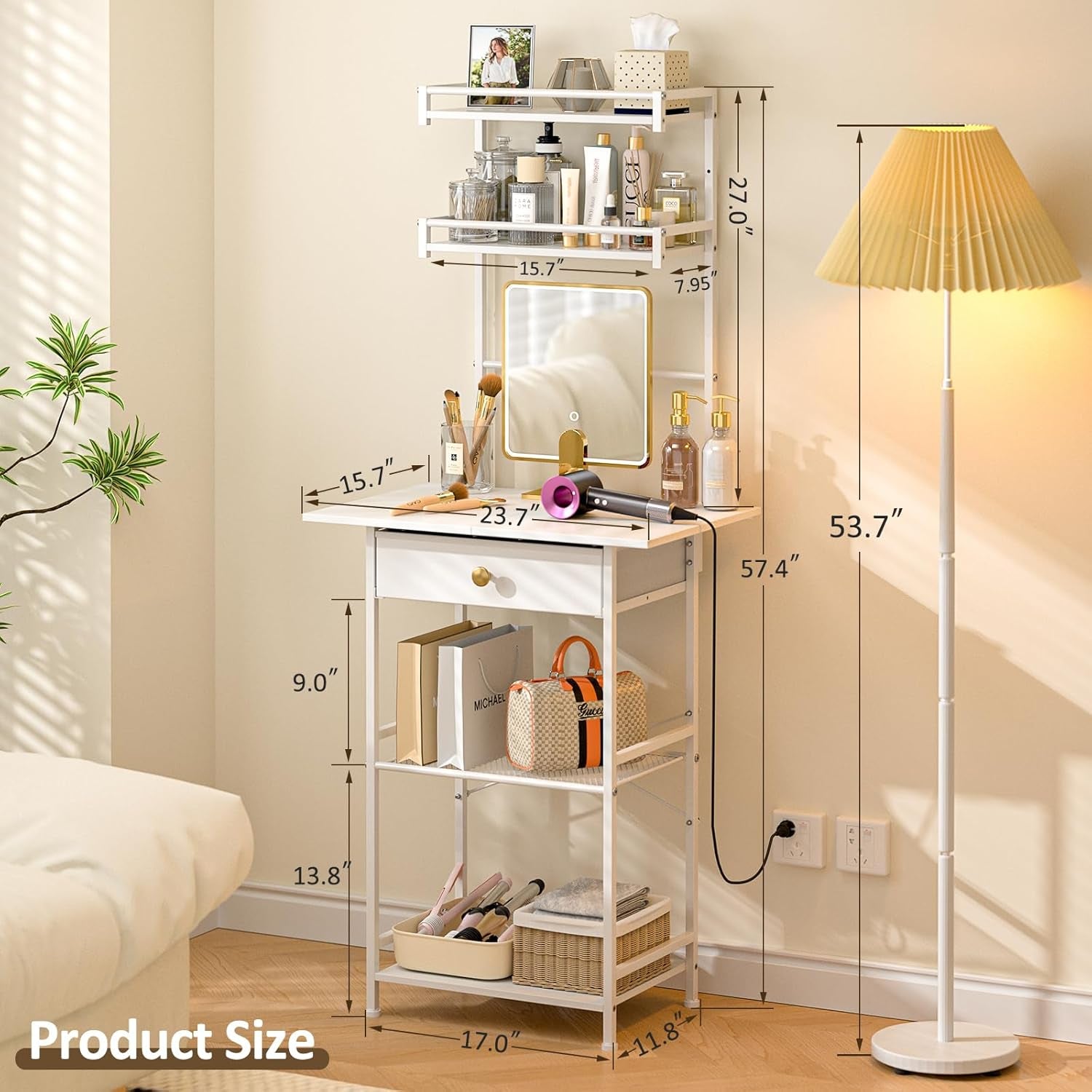 Small Vanity Desk without Mirror, Makeup Vanity Table for Small Space, Compact White Dressing Table with Fabric Drawers, Makeup Vanity with Storage for Bedroom, White, 23.6In（W）