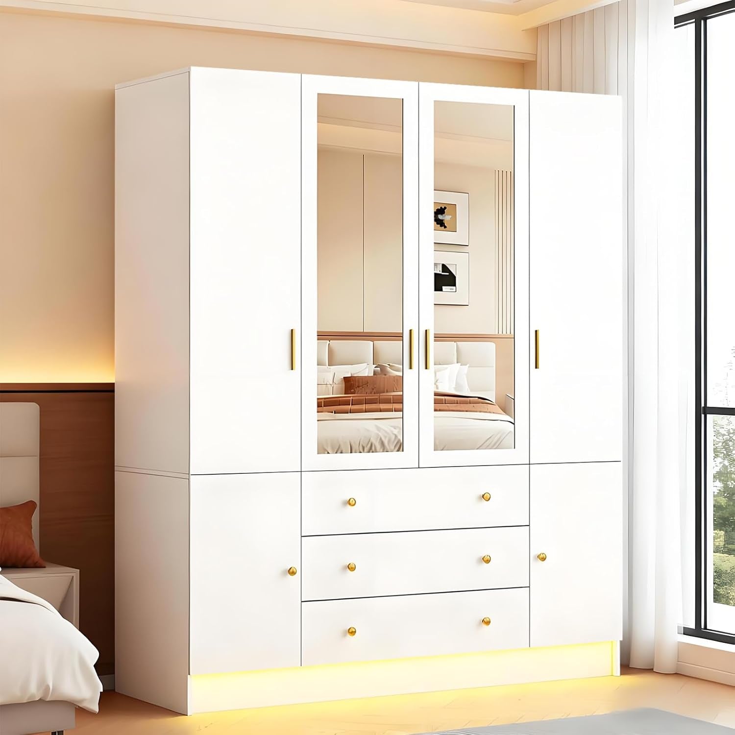 4 Doors LED Wardrobe Closet, 75" Tall Modern Armoire with Mirror & 3 Drawers, Wooden Armoire Wardrobe Closet for Bedroom, Hanging Rod, Freestanding Clothing Storage Cabinet, White