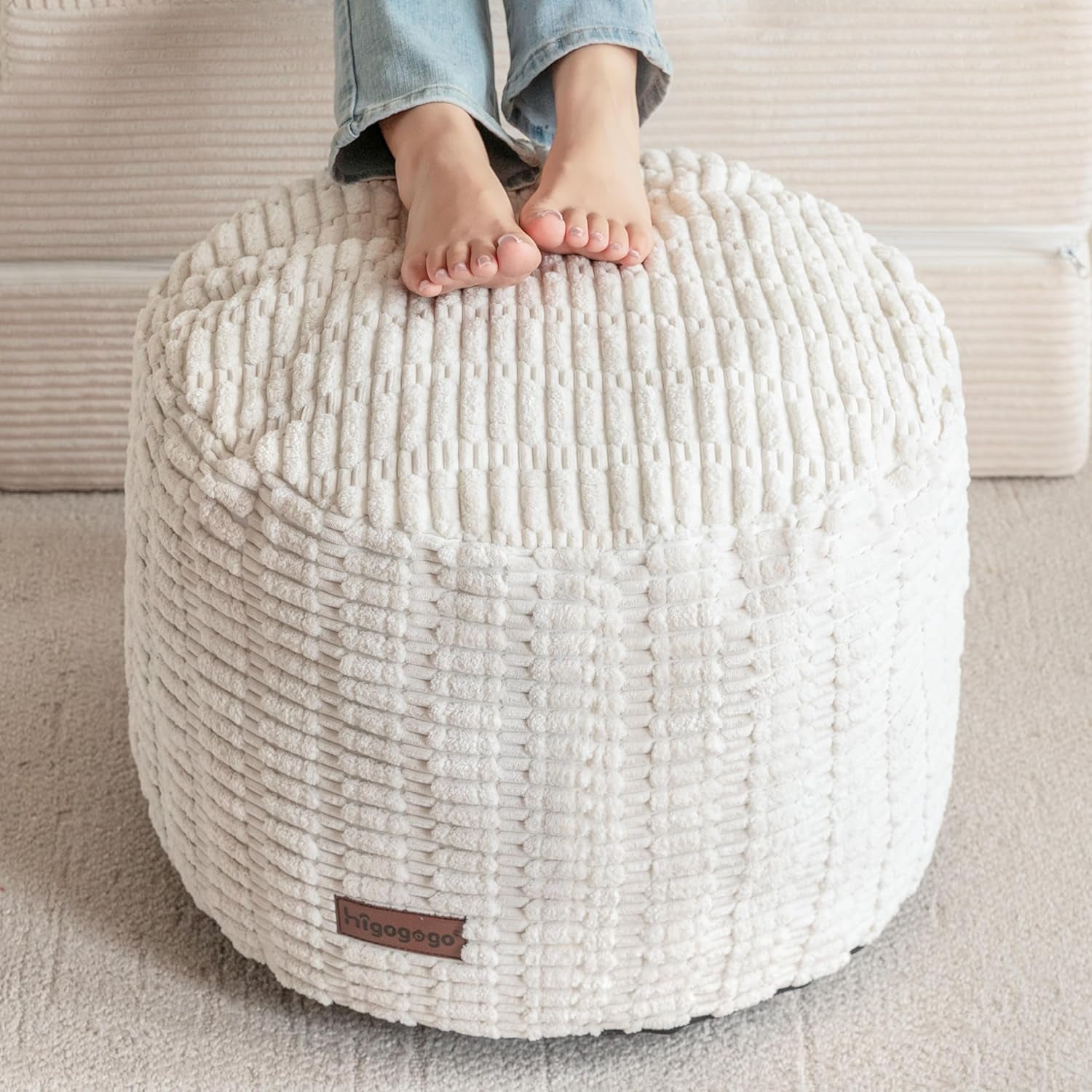 Pouf Ottoman Stuffed round Modern Foam Filled Foot Rest Poufs for Living Room Chair Decorative 20 X 15 Inches Boho Relax Stool for Wedding Christmas Party, Beige