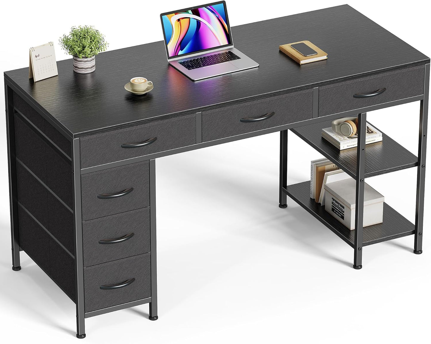 Computer Desk with 6 Drawers, 47 Inch Office Desk with Shelves, Reversible Gaming Desk, Corner Desk with Storage, Work Desk for Home Office, Study, Living Room, Black