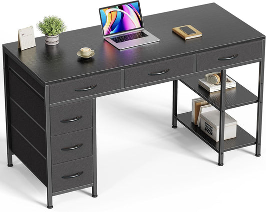 Computer Desk with 6 Drawers, 47 Inch Office Desk with Shelves, Reversible Gaming Desk, Corner Desk with Storage, Work Desk for Home Office, Study, Living Room, Black
