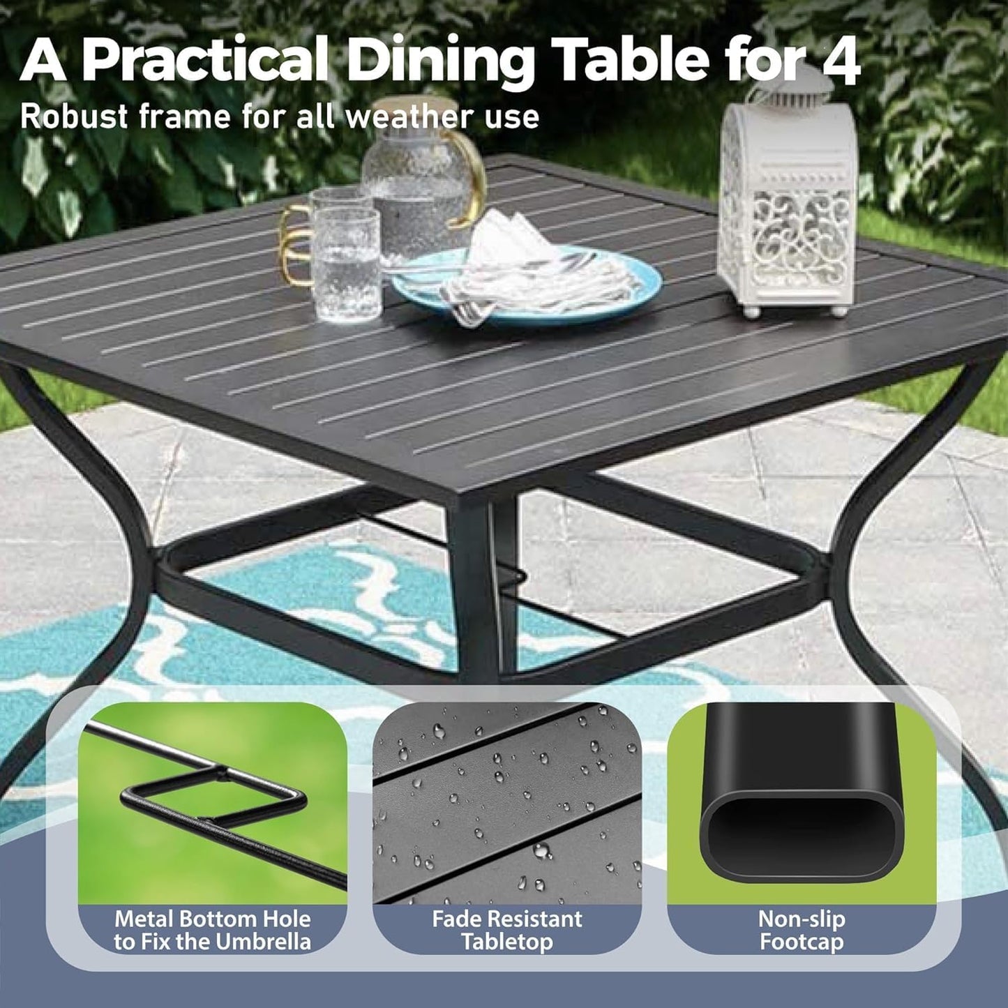 5 Piece Patio Dining Set for 4, 37”X37” Square Table with Umbrella Hole, 4 Metal Brown Chairs, Outdoor Table and Chairs Set for Lawn Backyard and Deck