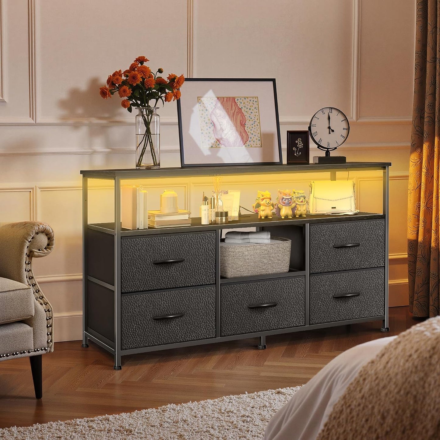 TV Stand for Bedroom, 47 Inch Dresser TV Stand for 43, 50, 55 Inch Tvs, 5 Drawers Entertainment Center with Storage, LED Lights & Power Outlets, Media TV Console Table for Living Room, Black