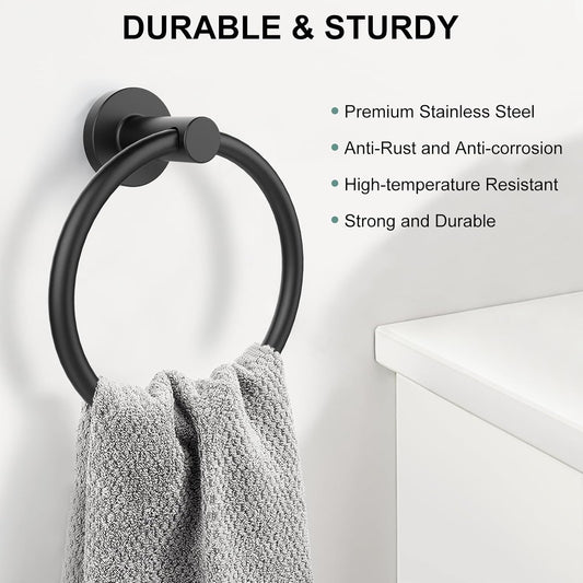 Towel Holder for Bathroom Wall Matte Black Towel Ring Stainless Steel Hand Towel Holder Heavy Duty Towel Hanger for Bath, Kitchen