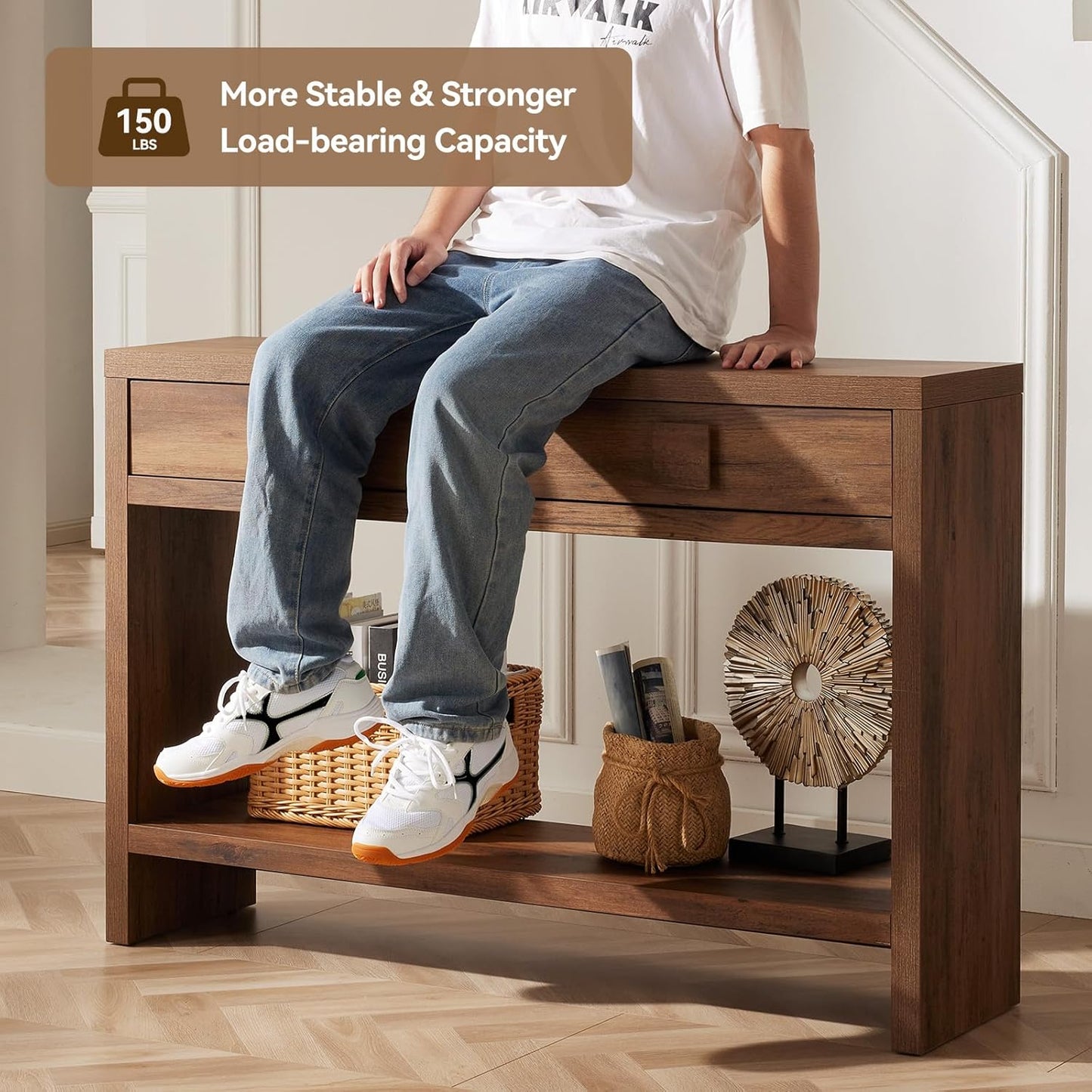 Console Table with Drawers, 40 Inch Narrow Entryway Table with Open Storage Shelves, Mid Century Modern Hallway Accent Tables behind Couch Table for Living Room (Vintage Brown)