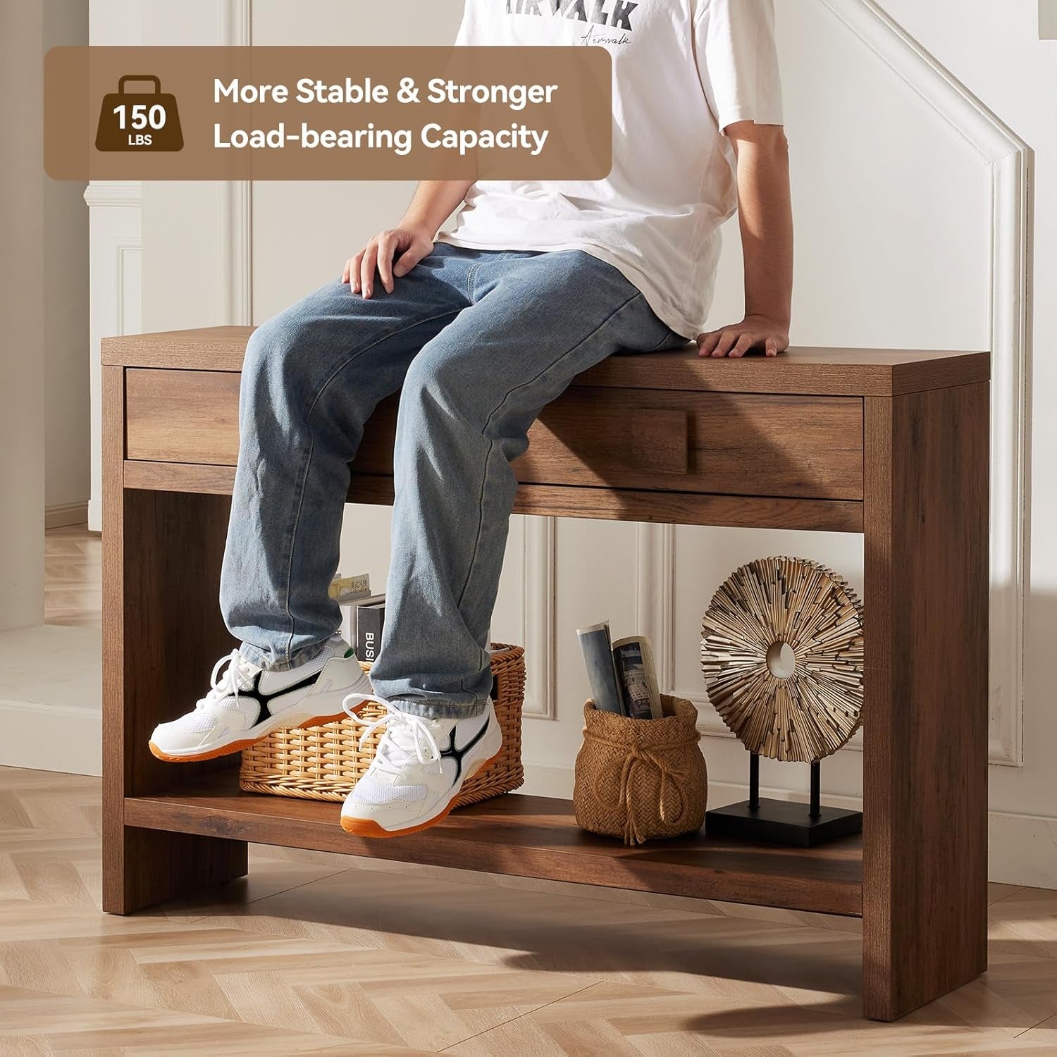 Console Table with Drawers, 40 Inch Narrow Entryway Table with Open Storage Shelves, Mid Century Modern Hallway Accent Tables behind Couch Table for Living Room (Vintage Brown)