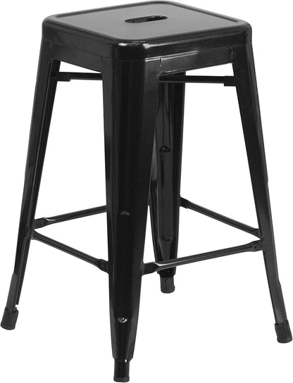 Lily 4 Pack Commercial Grade 24" High Backless Black Metal Indoor-Outdoor Counter Height Stool with Square Seat