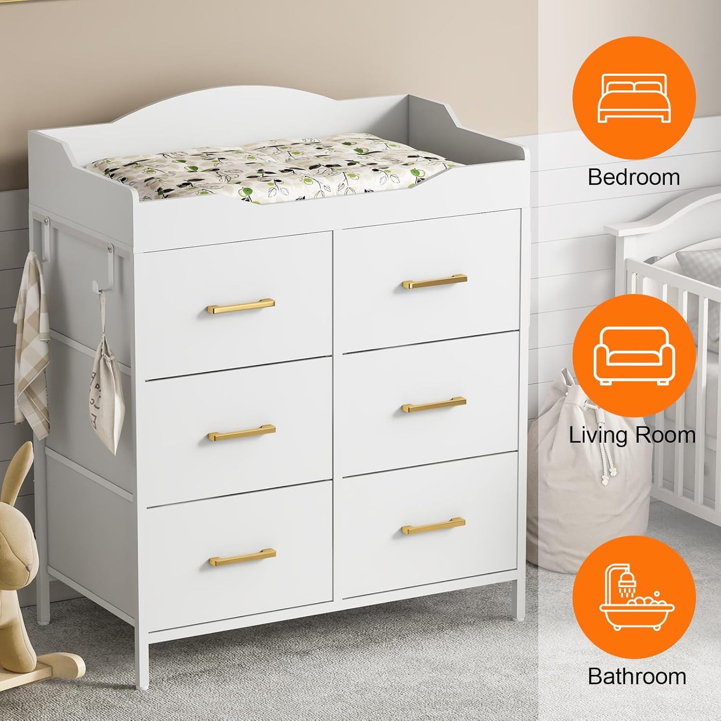 White Changing Table Dresser with 6 Fabric Drawers and Side Pockets, Nursery Dresser with Changing Top, Baby Dresser with Drawers, Diaper Changing Station for Nursery and Bedroom