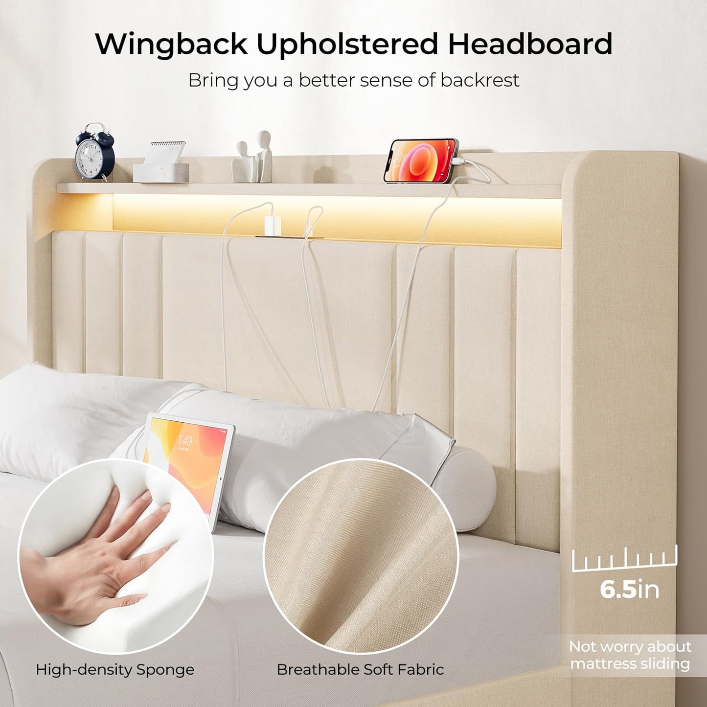 Queen Bed Frame with Storage, Tall Headboard Upholstered Platform Bed with 4 Dustproof Drawers, 2-Tier Storage Headboard Wingback, LED Light & Charging Station, 47''-51'' Height Adjust, Beige